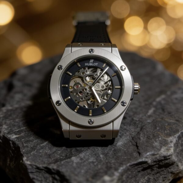 Hublot's Premium Skeleton Dial Rubber Strap Auto Watch for Men| Black
